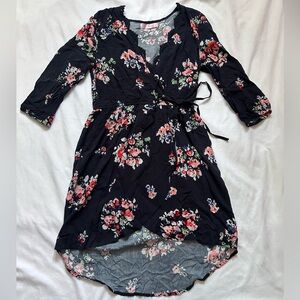 Band of Gypsies Black Floral Wrap Dress with Pockets